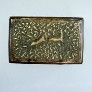 Antique Art Nouveau Repousse Brass Lidded Box 5.25"x3.25"x2.5" Wolf Deer Trinket